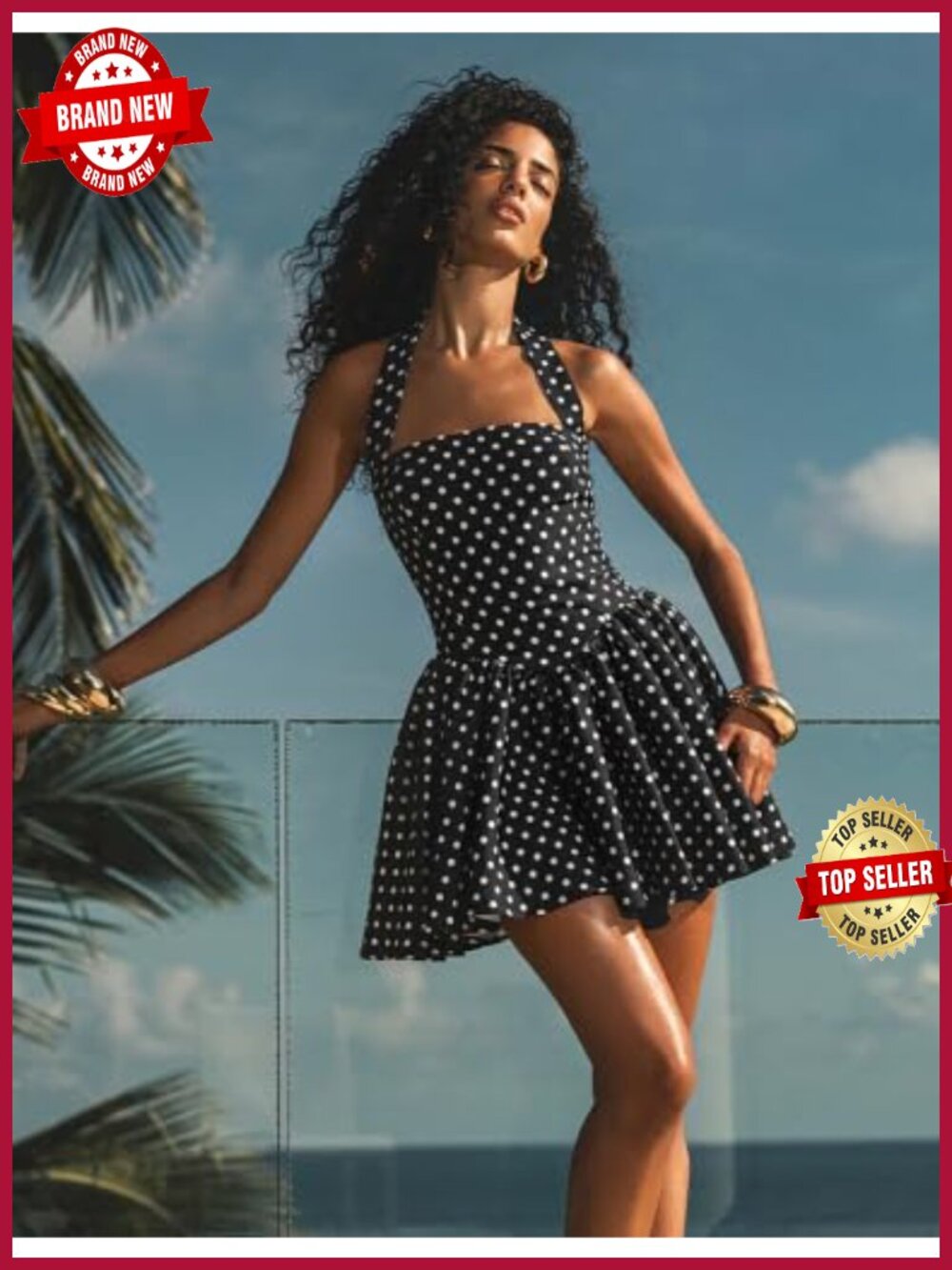 Polka Dot Halter Mini Dress V-Shaped Waist Smocked Back Vacation - Picture 3 of 6
